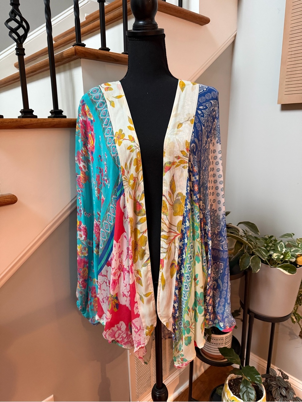 Akemi + Kin Colorful Floral Mixed-Print Kimono Jacket - Teal, Pink & Blue